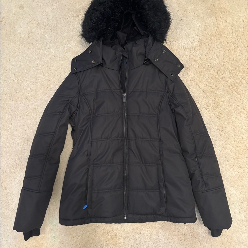 Women's Topshop Black Puffer Jacket with Faux Fur Hood
